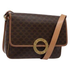 Authentic CELINE Macadam Canvas Circle Shoulder Bag PVC Leather Brown Gold